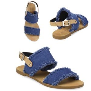 Rebecca Minkoff Emery Denim Fringe Flat Slide Strap Sandal NIB